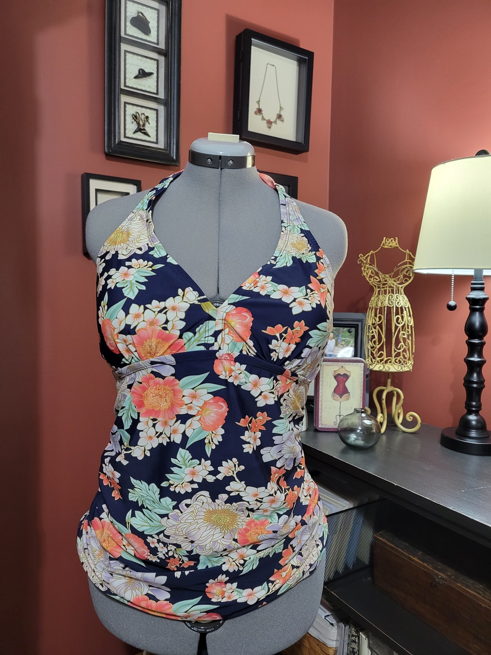 Navy Floral Halter One-Piece Swimsuit with Coral & Cream Blooms